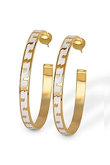 Gold Finish White Enameled Hoop Earrings