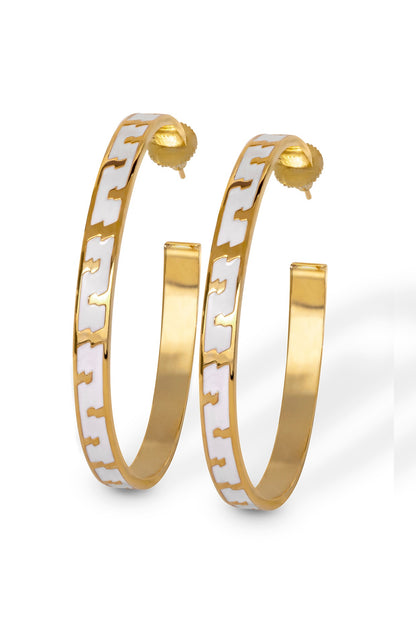 Gold Finish White Enameled Hoop Earrings