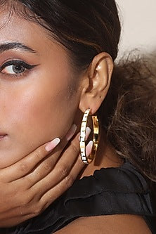 Gold Finish White Enameled Hoop Earrings