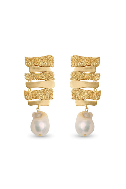Gold Finish Pearl Wave Earrings