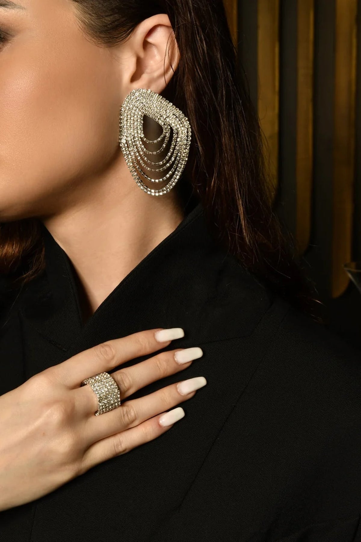 White Finish Rhinestone Fluid Dangler Earrings