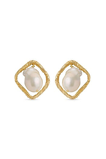 Gold Finish Pearl Stud Earrings