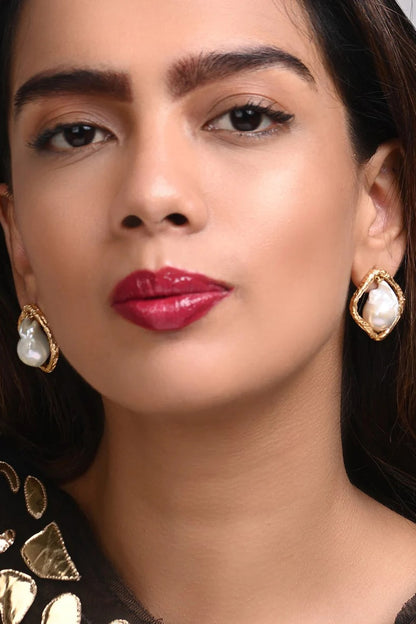 Gold Finish Pearl Stud Earrings