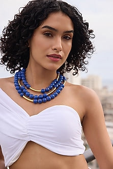 Gold Finish Lapis Beaded Layered Necklace