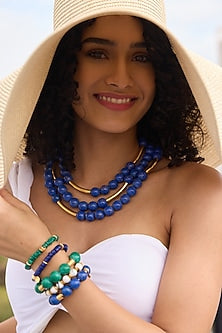 Gold Finish Lapis Beaded Layered Necklace
