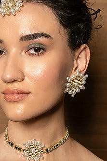 Gold Finish Mirror & Shell Pearl Stud Earrings
