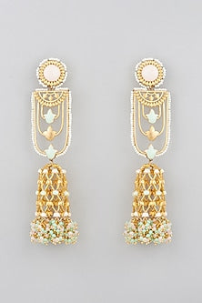 Gold Finish Powder Blue Stones Jhumka Earrings