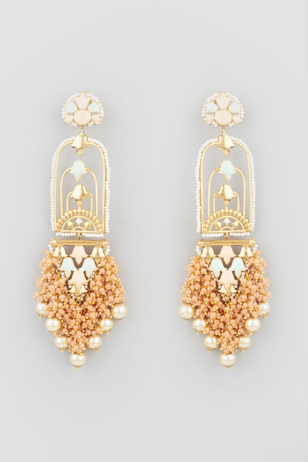 Gold Finish Peach Synthetic Stone Dangler Earrings