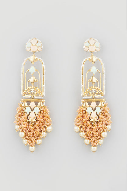 Gold Finish Peach Synthetic Stone Dangler Earrings