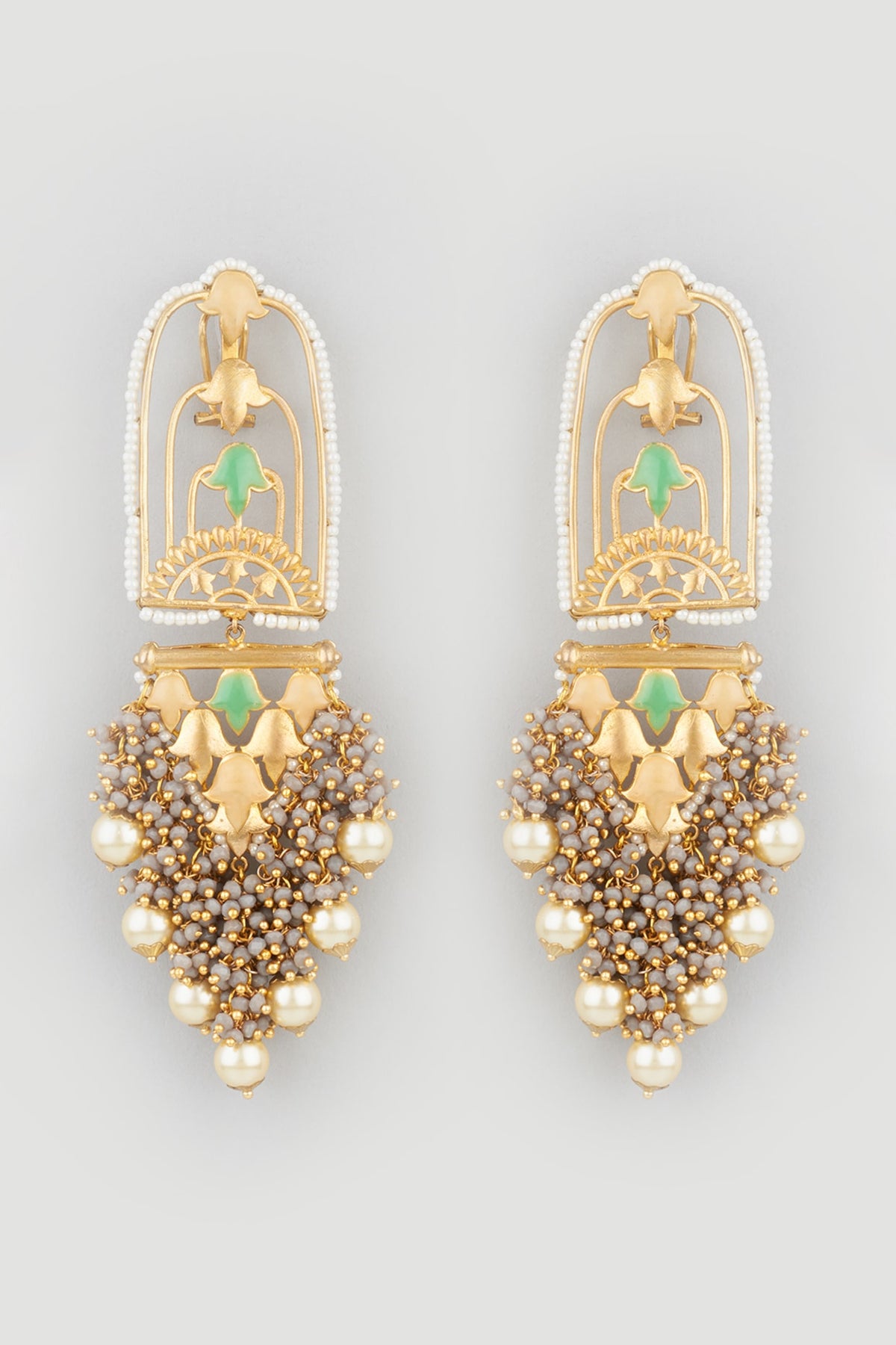 Gold Finish Grey Synthetic Stone Dangler Earrings