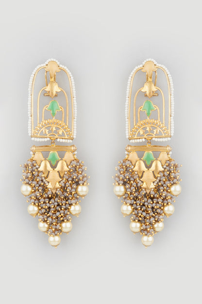Gold Finish Grey Synthetic Stone Dangler Earrings
