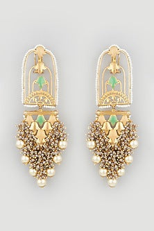 Gold Finish Grey Synthetic Stone Dangler Earrings