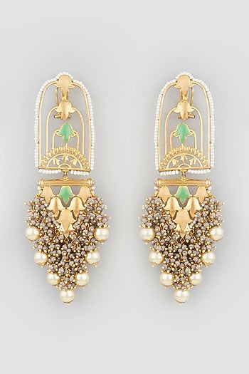 Gold Finish Grey Synthetic Stone Dangler Earrings
