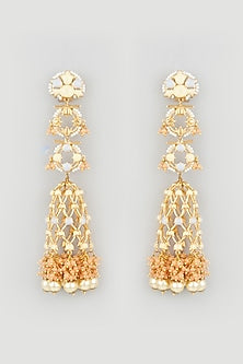 Gold Finish Pearl & Sapphire Stone Jhumka Earrings
