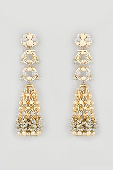 Gold Finish Pearl & Sapphire Stone Handcrafted Jhumka Earrings