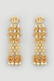 Gold Finish Handcrafted Floral Jhumka Earrings With Pearls