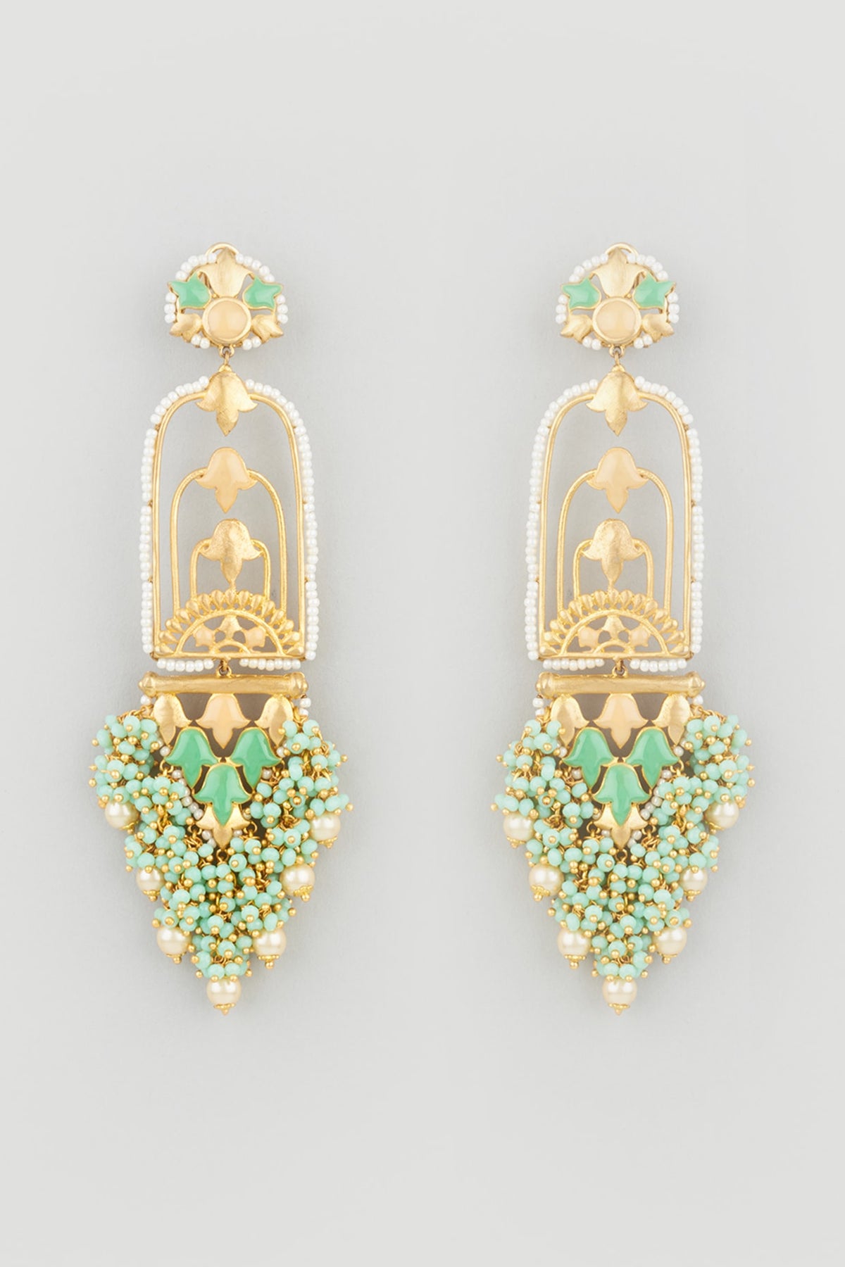 Gold Finish Synthetic Stones Pearl Dangler Earrings