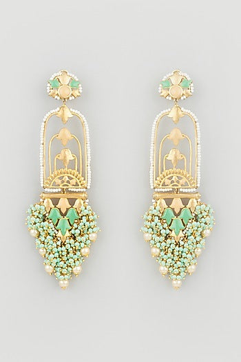 Gold Finish Synthetic Stones Pearl Dangler Earrings