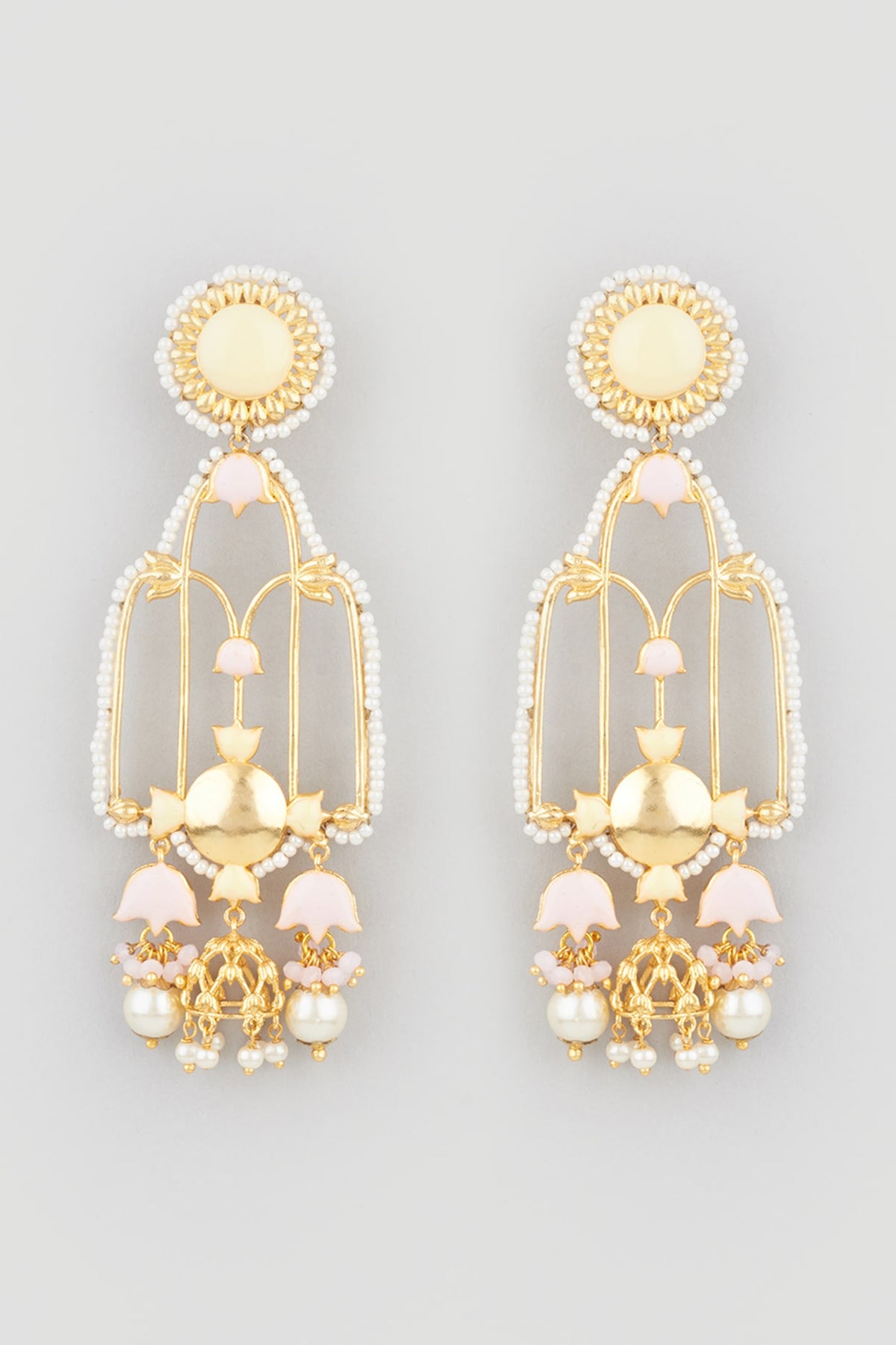 Gold Finish Handcrafted Floral Jhumka Earrings With Stones