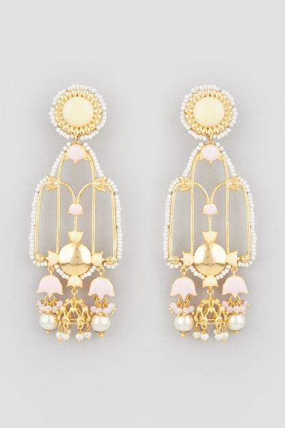 Gold Finish Handcrafted Floral Jhumka Earrings With Stones