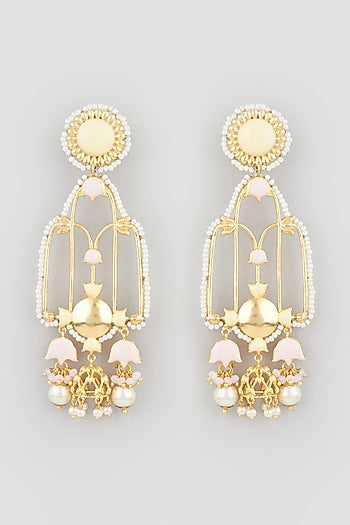 Gold Finish Handcrafted Floral Jhumka Earrings With Stones