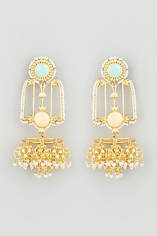 Gold Finish Floral Jhumka Earrings With Stones & Pearls
