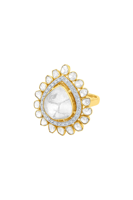 14kt Gold Finish Kundan Polki & Diamond Ring