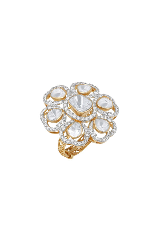 18kt Gold Finish Kundan Polki & Diamond Ring