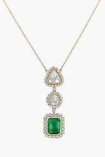 18kt Gold Finish Diamond & Russian Emerald Pendant Chain Necklace