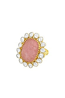 14kt Gold Finish Kundan Polki & Natural Morganite Carved Stone Ring