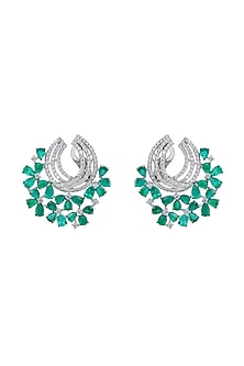 18kt White Finish Diamond & Natural Zambian Emerald Stone Stud Earrings