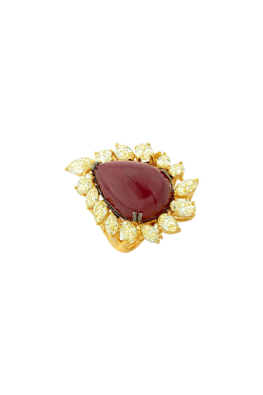 14kt Gold Finish Yellow Pan Diamond & Ruby Ring