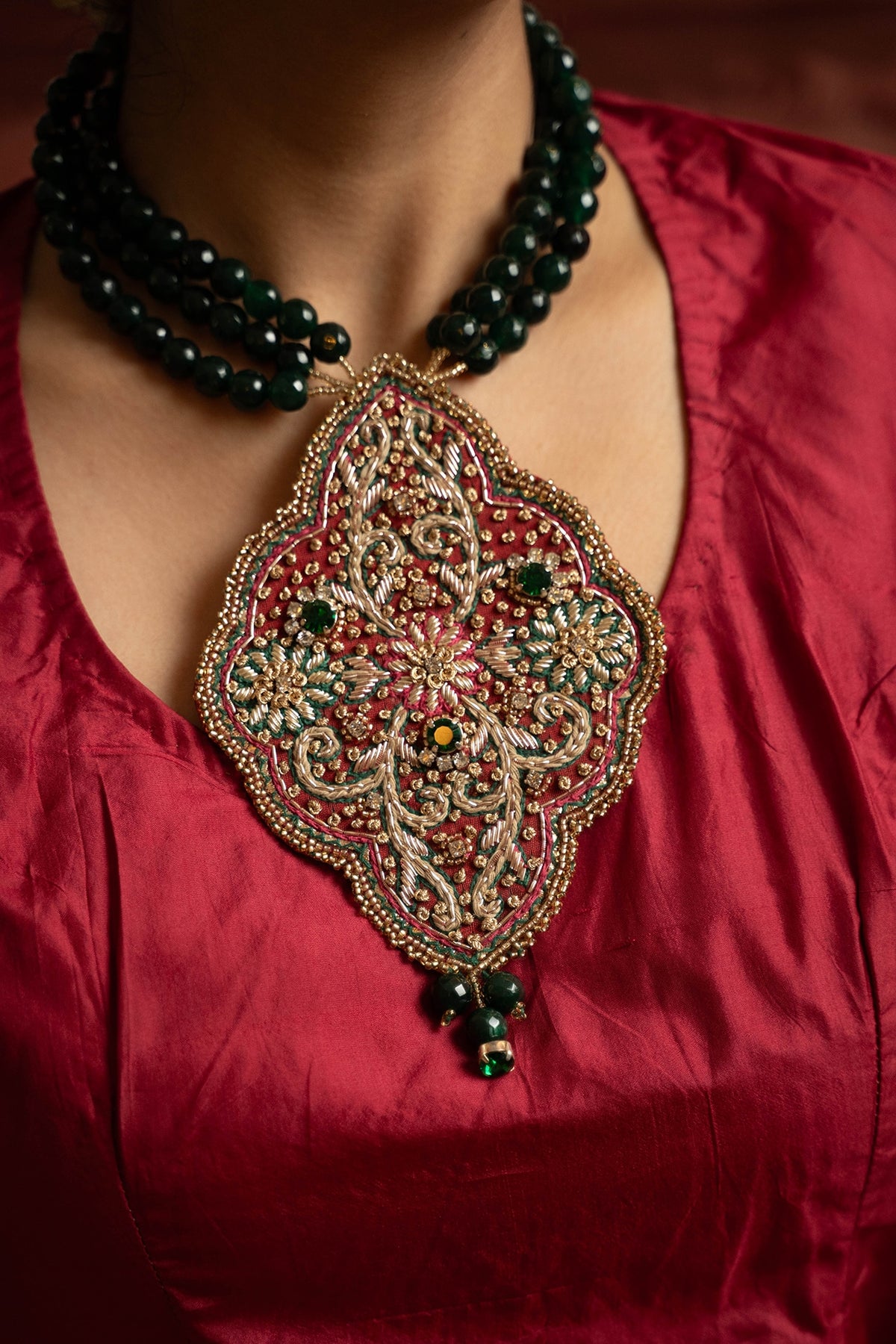 Green Silk Fabric Zardosi & Thread Work Pendant Necklace