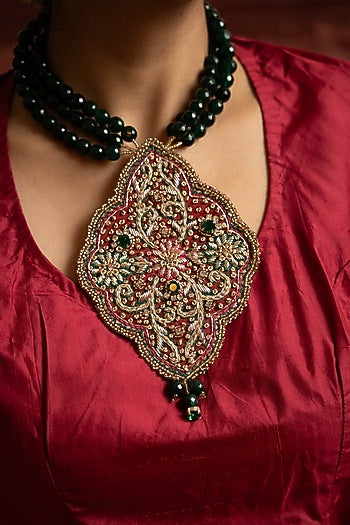 Green Silk Fabric Zardosi & Thread Work Pendant Necklace