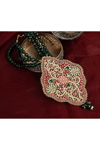 Green Silk Fabric Zardosi & Thread Work Pendant Necklace
