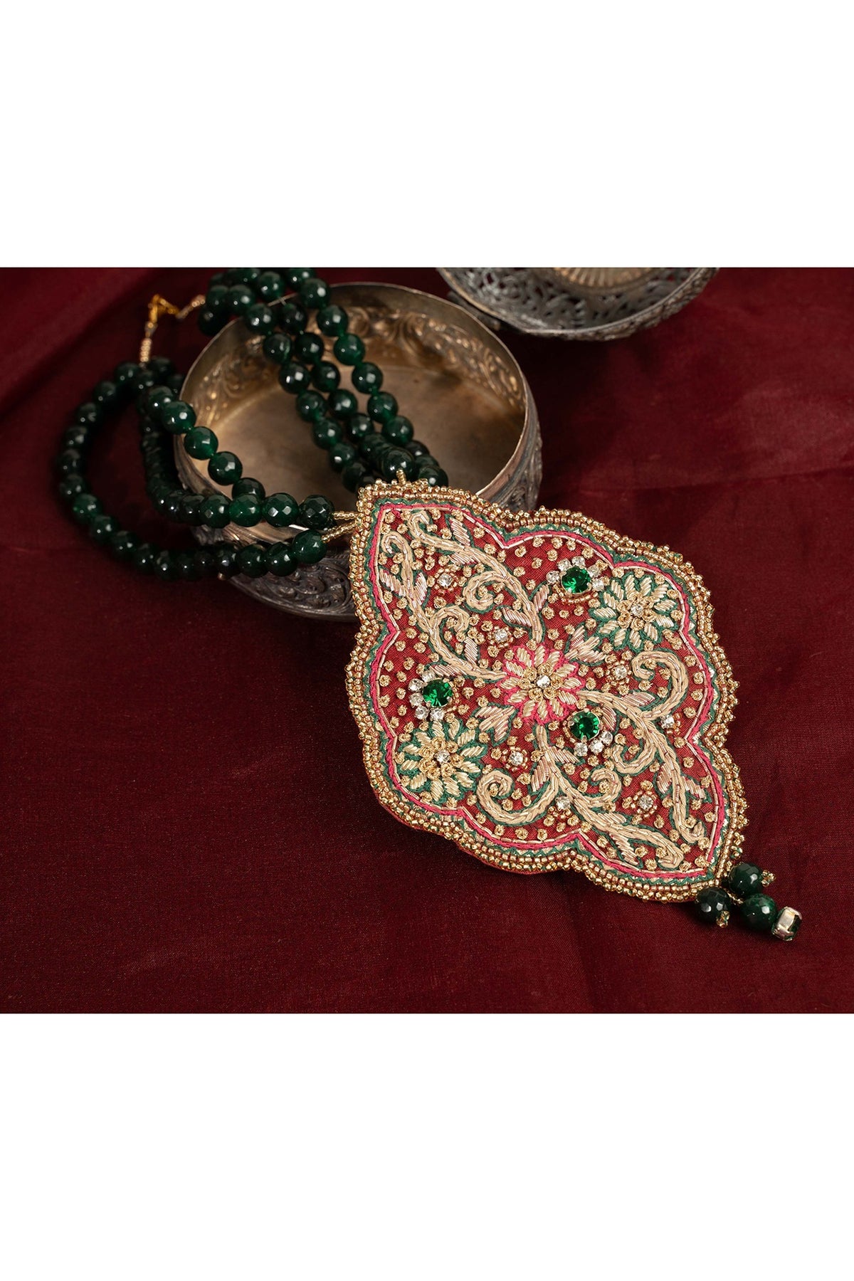 Green Silk Fabric Zardosi & Thread Work Pendant Necklace