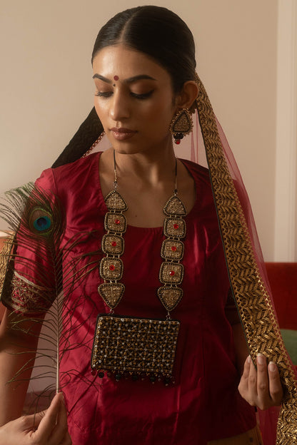 Gold Zari Knot & Zari Jaal Work Square Pendant Necklace