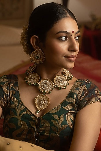 Gold Peeta Dabka & Zardosi Work Pendant Choker Necklace Set