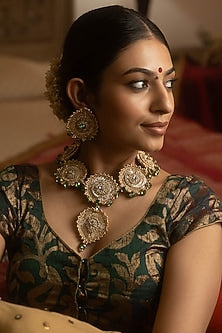 Gold Peeta Dabka & Zardosi Work Pendant Choker Necklace Set