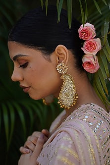 Gold Nakshi & Pitta Work Paisley Shaped Dangler Earrings