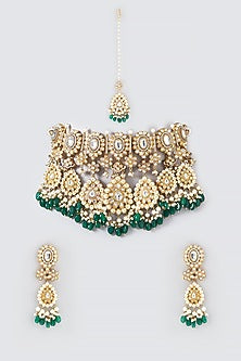 Gold Finish Yellow Kundan Polki & Semi-Precious Stone Necklace Set