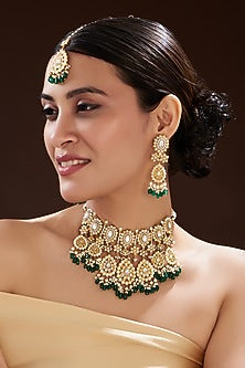 Gold Finish Yellow Kundan Polki & Semi-Precious Stone Necklace Set