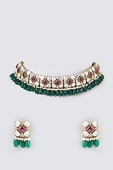 Gold Finish Pink Kundan Polki & Semi-Precious Stone Necklace Set
