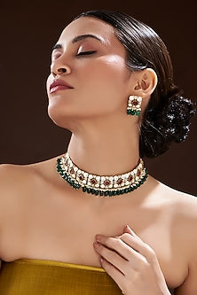 Gold Finish Pink Kundan Polki & Semi-Precious Stone Necklace Set