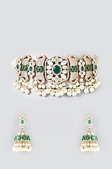 Gold Finish Green Kundan Polki & Semi-Precious Stone Necklace Set