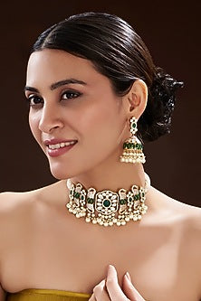 Gold Finish Green Kundan Polki & Semi-Precious Stone Necklace Set