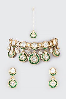 Gold Finish Green Kundan Polki & Semi-Precious Stone Necklace Set