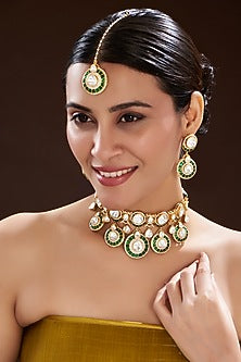 Gold Finish Green Kundan Polki & Semi-Precious Stone Necklace Set