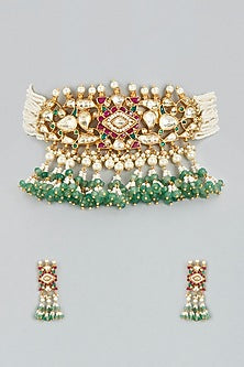 Gold Finish Choker Necklace Set With Multi-Colored Stones