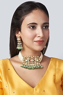 Gold Finish Choker Necklace Set With Multi-Colored Stones
